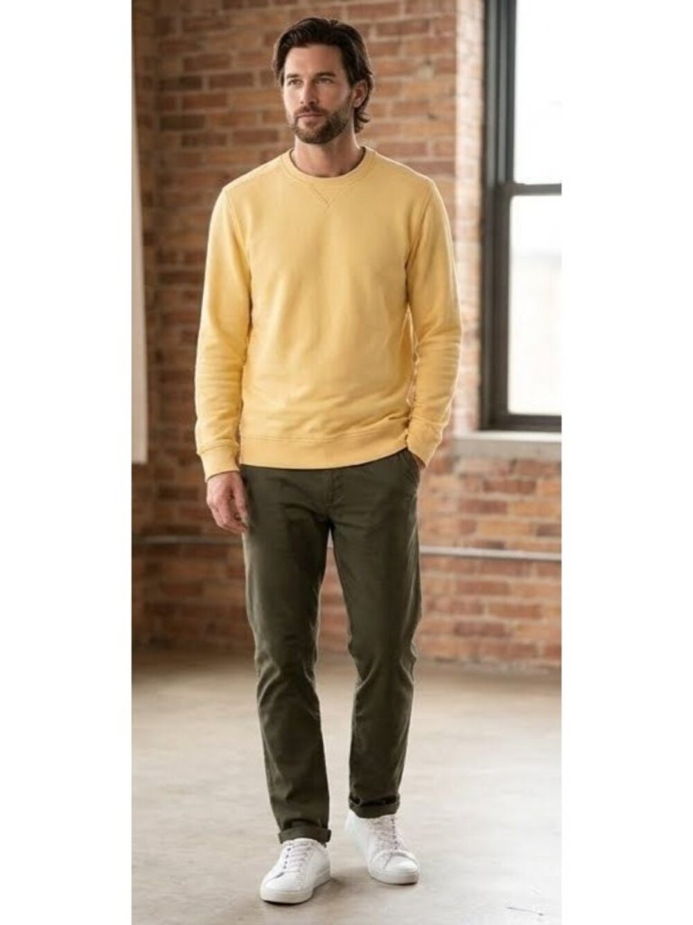Butter Yellow Crewneck Sweatshirt Large Cotton Blend USA 1851 Ribbed Cuffs